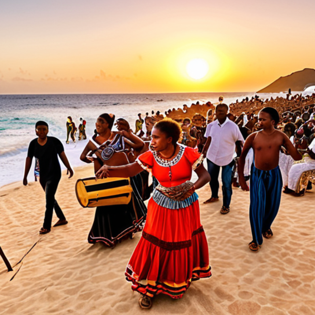**A vibrant scene of a Cape Verdean music festival at sunset. Traditional instruments like the cavaquinho are visible, with modern elements subtly blended in.  People of all ages are dancing, showing a connection between generations. The atmosphere is joyful and energetic.**