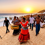 **A vibrant scene of a Cape Verdean music festival at sunset. Traditional instruments like the cavaquinho are visible, with modern elements subtly blended in.  People of all ages are dancing, showing a connection between generations. The atmosphere is joyful and energetic.**