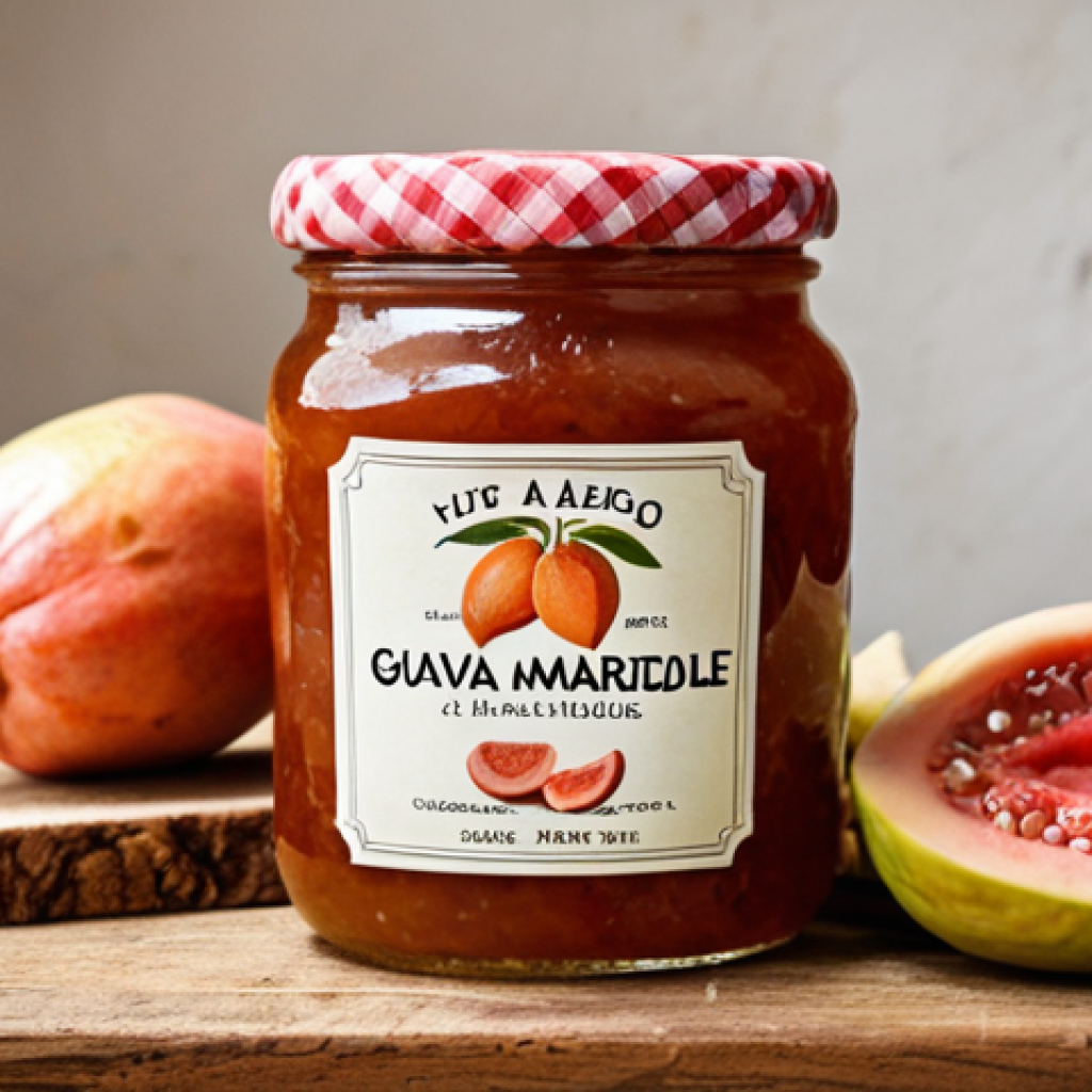 **A jar of homemade guava marmalade from Cape Verde, with visible fruit pieces and a rustic label, sitting on a wooden table with a slice of toast.** (Focus on the product itself and its traditional, artisanal quality.)