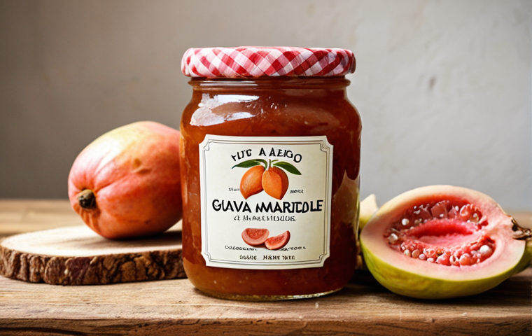 **A jar of homemade guava marmalade from Cape Verde, with visible fruit pieces and a rustic label, sitting on a wooden table with a slice of toast.** (Focus on the product itself and its traditional, artisanal quality.)