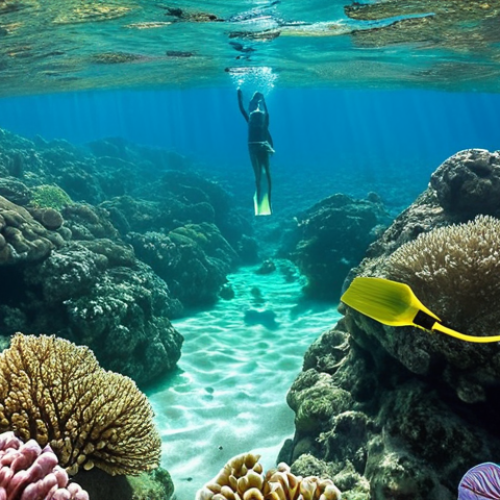 Home 7 **Image Prompt:** A vibrant underwater scene in Santa Maria, Sal, Cape Verde. Colorful fish swim around coral formations in crystal clear water. A person wearing a snorkel and mask observes the scene with wonder. The sun shines through the water, creating a kaleidoscope of light.