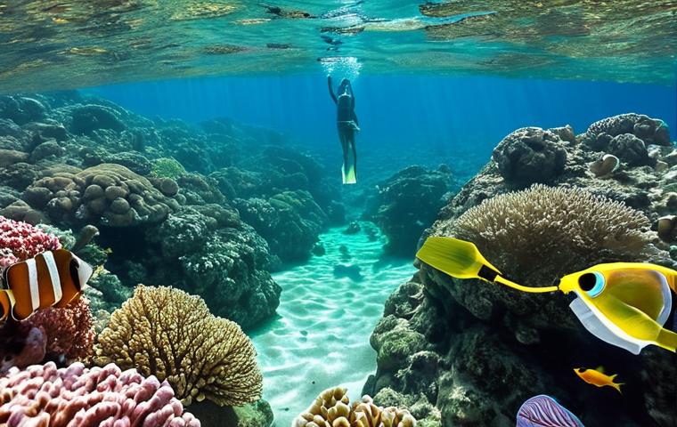 **Image Prompt:** A vibrant underwater scene in Santa Maria, Sal, Cape Verde. Colorful fish swim around coral formations in crystal clear water. A person wearing a snorkel and mask observes the scene with wonder. The sun shines through the water, creating a kaleidoscope of light.
